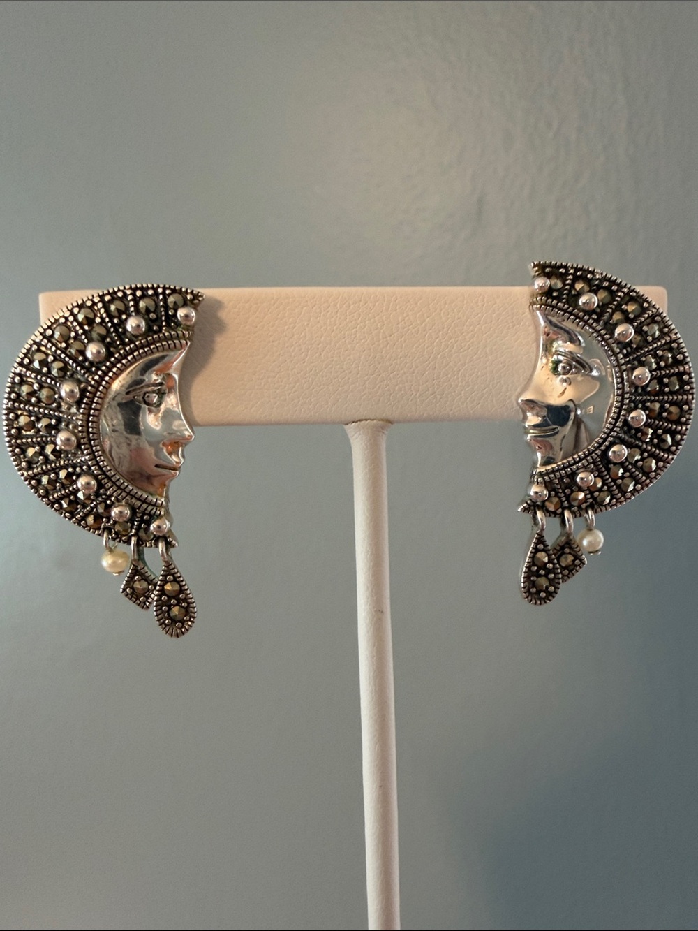 925 Sterling Silver Marcasite Moon Face Dangle Earrings - Celestial, Vintage